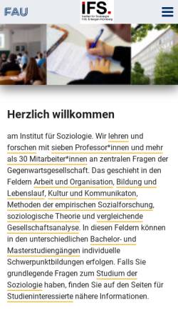 Vorschau der mobilen Webseite www.soziologie.phil.uni-erlangen.de, Institut für Soziologie an der Friedrich-Alexander-Universität Erlangen