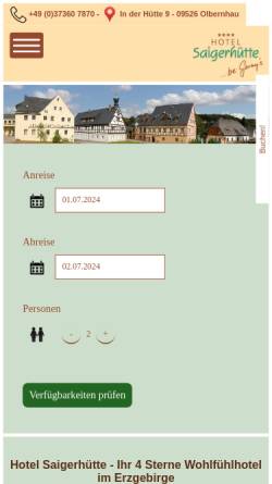 Vorschau der mobilen Webseite www.saigerhuette.de, Hotel Saigerhütte