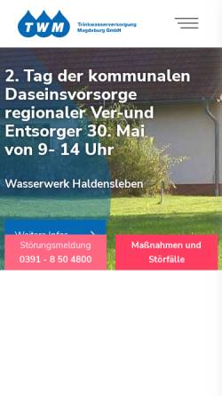 Vorschau der mobilen Webseite www.wasser-twm.de, Trinkwasserversorgung Magdeburg