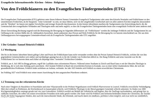 Vorschau von www.relinfo.ch, Von den Fröhlichianern zu den Evangelischen Täufergemeinden
