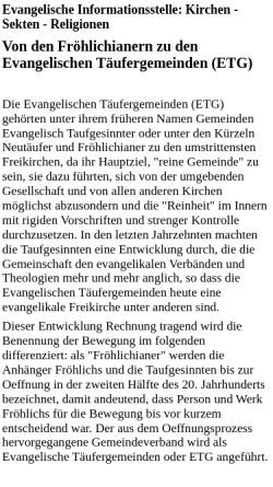 Vorschau der mobilen Webseite www.relinfo.ch, Von den Fröhlichianern zu den Evangelischen Täufergemeinden