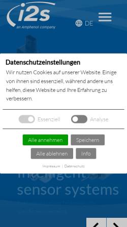 Vorschau der mobilen Webseite www.i2s-sensors.de, I2S Intelligente Sensorsysteme Dresden GmbH