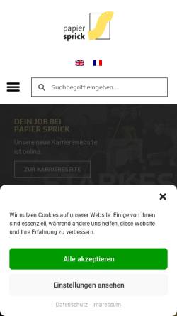 Vorschau der mobilen Webseite www.papier-sprick.de, Sprick GmbH Bielefelder Papier- und Wellpappenwerke & Co.