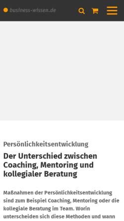 Vorschau der mobilen Webseite www.business-wissen.de, Business Wissen Information Service - Coaching, Mentoring, kollegiale Beratung
