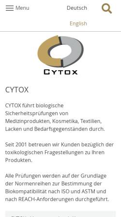 Vorschau der mobilen Webseite www.cytox.de, CYTOX biologische Sicherheitsprüfungen, Inh. Dr. Dietmar Scheddin