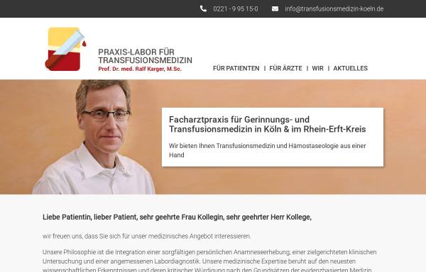 Vorschau von www.transfusionsmedizin-koeln.de, Praxis für Transfusionsmedizin - Dr. habil. Dr. med (H) Janos Kadar