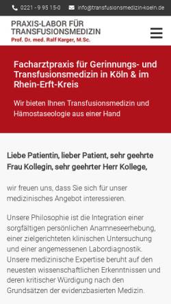 Vorschau der mobilen Webseite www.transfusionsmedizin-koeln.de, Praxis für Transfusionsmedizin - Dr. habil. Dr. med (H) Janos Kadar