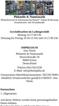 Vorschau der mobilen Webseite www.thielephila.de, Briefmarkenfachgeschäft Jens Thiele