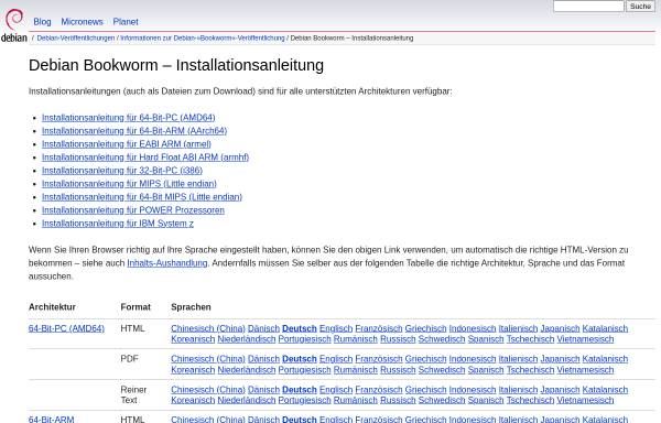 Vorschau von www.debian.org, Installationsanleitung Debian GNU/Linux 3.0