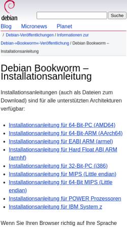 Vorschau der mobilen Webseite www.debian.org, Installationsanleitung Debian GNU/Linux 3.0