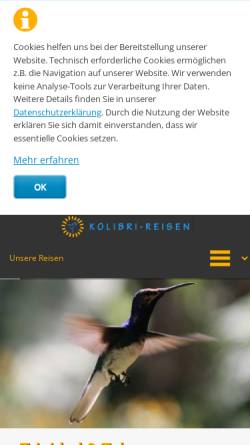 Vorschau der mobilen Webseite www.kolibri-reisen.de, Kolibri-Reisen
