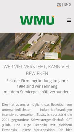 Vorschau der mobilen Webseite www.wmu-gmbh.de, WMU Wärmebehandlungsanlagen für Industrie und Umwelttechnik GmbH