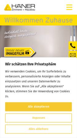 Vorschau der mobilen Webseite www.hausbau-haener.de, Häner Zimmerei + Hausbau GmbH