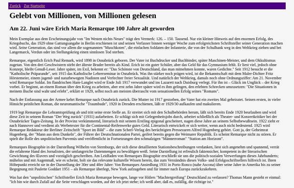 Vorschau von www.hagestedt.de, Remarque zum 100. Geburtstag