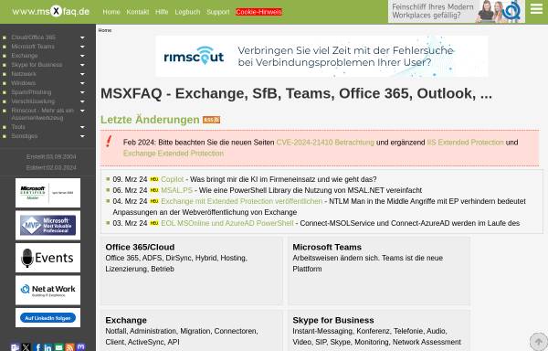 Vorschau von www.msexchangefaq.de, Frank's Microsoft Exchange FAQ