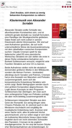 Vorschau der mobilen Webseite www.omm.de, Online Musik Magazin: Klaviermusik von Alexander Scriabin