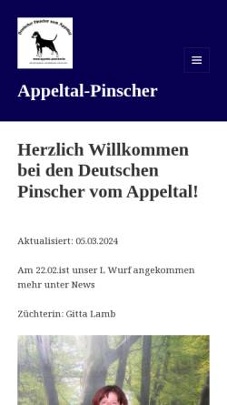 Vorschau der mobilen Webseite appeltal-pinscher.de, Deutscher Pinscher vom Appeltal