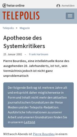 Vorschau der mobilen Webseite www.heise.de, Apotheose des Systemkritikers