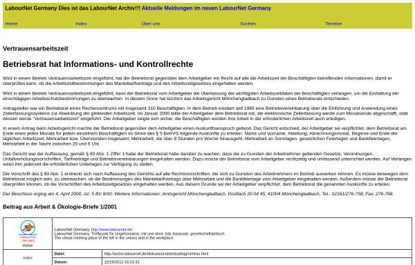 Vorschau von labournet.de, Vertrauensarbeitszeit: Betriebsrat hat Informations- und Kontrollrechte