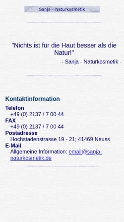 Vorschau der mobilen Webseite www.sanja-naturkosmetik.de, Sanja Naturkosmetik