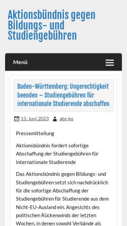 Vorschau der mobilen Webseite abs-bund.de, Aktionsbündnis gegen Studiengebühren, bundesweit