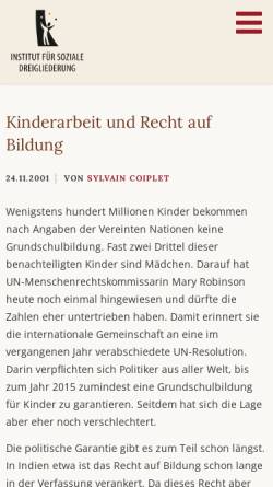 Vorschau der mobilen Webseite www.dreigliederung.de, Kinderarbeit und Recht auf Bildung