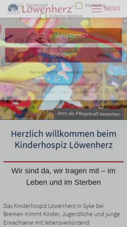 Vorschau der mobilen Webseite www.kinderhospiz-loewenherz.de, Kinderhospiz Löwenherz