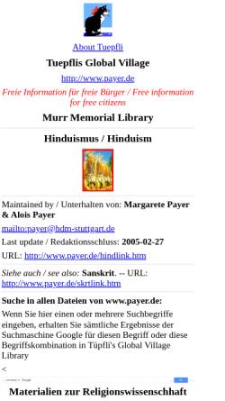 Vorschau der mobilen Webseite www.payer.de, Tuepflis Global Village: Hinduismus