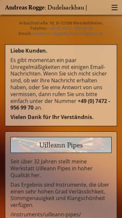 Vorschau der mobilen Webseite www.uilleann-pipes.de, Pipemaker Andreas Rogge