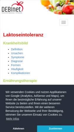 Vorschau der mobilen Webseite www.ernaehrung.de, Debinet: Laktoseintoleranz