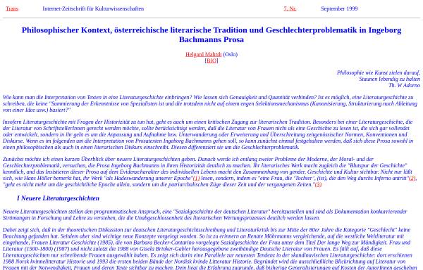Philosophischer Kontext, österreichische literarische Tradition und Geschlechterproblematik in Ingeborg Bachmanns Prosa