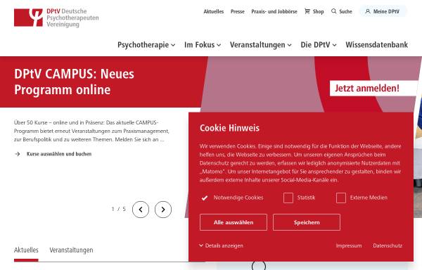 Vorschau von www.deutschepsychotherapeutenvereinigung.de, Deutsche Psychotherapeutenvereinigung (DPTV) und Vereinigung der Kassenpsychotherapeuten