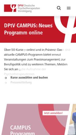 Vorschau der mobilen Webseite www.deutschepsychotherapeutenvereinigung.de, Deutsche Psychotherapeutenvereinigung (DPTV) und Vereinigung der Kassenpsychotherapeuten