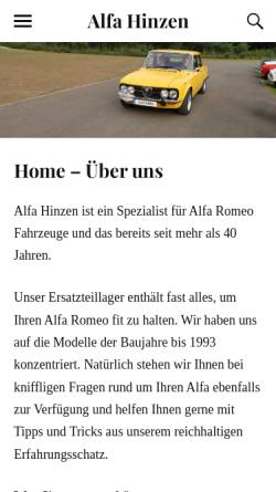 Vorschau der mobilen Webseite www.alfahinzen.de, Alfa Hinzen: Alfa Romeo Ersatzteile sowie Kfz-Reparaturen und Restaurationen