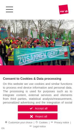 Vorschau der mobilen Webseite www.verdi-hessen.de, ver.di Vereinte Dienstleistungsgewerkschaft - Landesbezirk Hessen