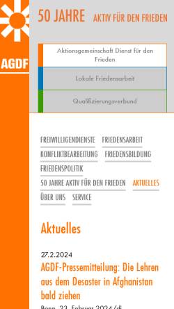 Vorschau der mobilen Webseite www.friedensdienste.de, Aktionsgemeinschaft Dienst für den Frieden (AGDF)