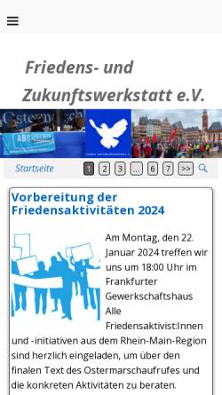 Vorschau der mobilen Webseite www.frieden-und-zukunft.de, Friedens- und Zukunftswerkstatt e. V.