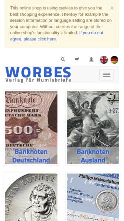 Vorschau der mobilen Webseite www.worbes-verlag.de, Verlag für Numisbriefe, Hans Worbes