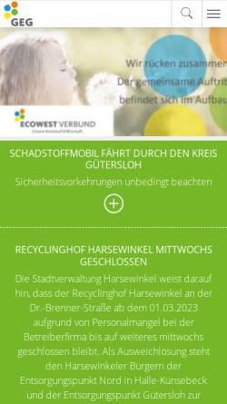 Vorschau der mobilen Webseite www.geg-gt.de, Gesellschaft zur Entsorgung von Abfällen Kreis Gütersloh mbH (GEG)