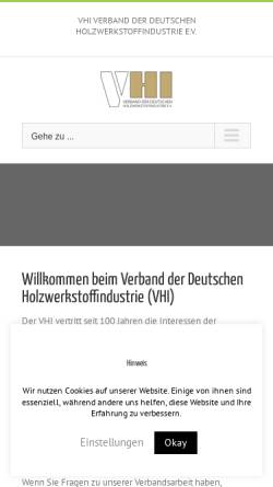 Vorschau der mobilen Webseite www.vhi.de, Verband der Deutschen Holzwerkstoffindustrie e. V. (VHI)