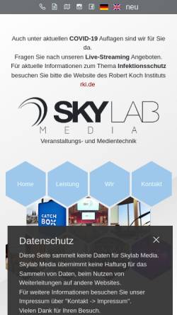 Vorschau der mobilen Webseite www.skylab2000.de, SKYLAB Showtechnik