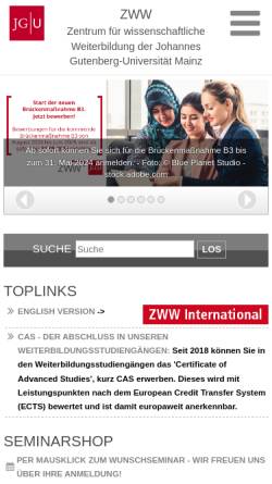 Vorschau der mobilen Webseite www.zww.uni-mainz.de, Zentrum für wissenschaftliche Weiterbildung (ZWW)