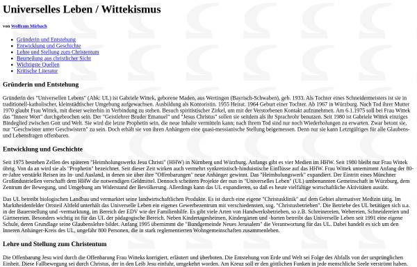 Vorschau von www.religio.de, Wolfram Mirbach: Universelles Leben, Wittekismus, Heimholungswerk