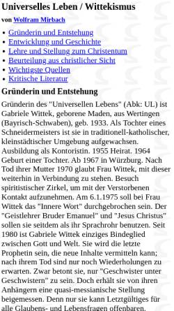 Vorschau der mobilen Webseite www.religio.de, Wolfram Mirbach: Universelles Leben, Wittekismus, Heimholungswerk