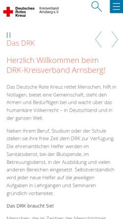 Vorschau der mobilen Webseite www.kv-arnsberg.drk.de, Deutsches Rotes Kreuz Kreisverband Arnsberg e.V.