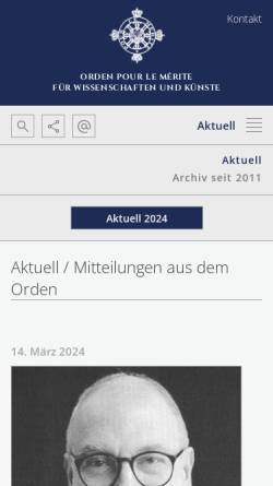 Vorschau der mobilen Webseite www.orden-pourlemerite.de, Orden Pour le mérite für Kunst und Wissenschaft