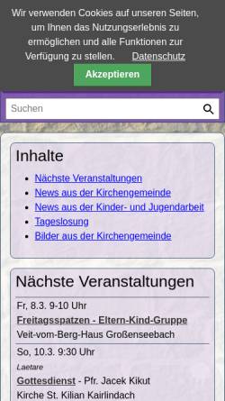 Vorschau der mobilen Webseite www.kilianskirche.de, Evang.-luth. Kirchengemeinde Kairlindach