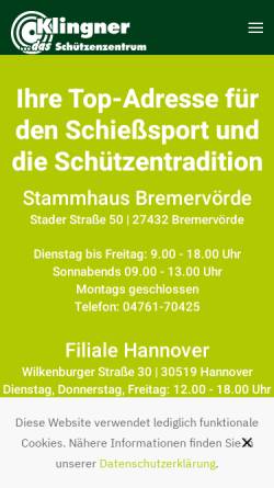 Vorschau der mobilen Webseite www.klingner-gmbh.de, Klingner GmbH Schützenbedarf