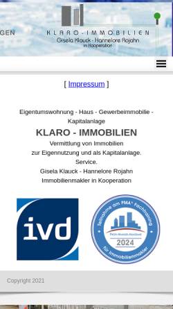 Vorschau der mobilen Webseite berlin.klaro-immobilien.de, Klaro Immobilien - Gisela Klauck / Hannelore Rojahn