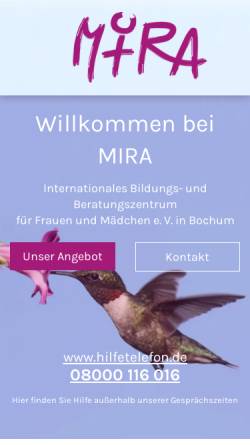 Vorschau der mobilen Webseite www.mira-ev.de, MIRA e. V. Internationales Bildungs- und Beratungszentrum für Frauen und Mädchen